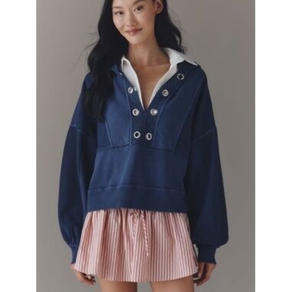 Pilcro Hoodie Grommet Sweatshirt V-Neck Size L Navy Blue Cropped Relaxed Fit